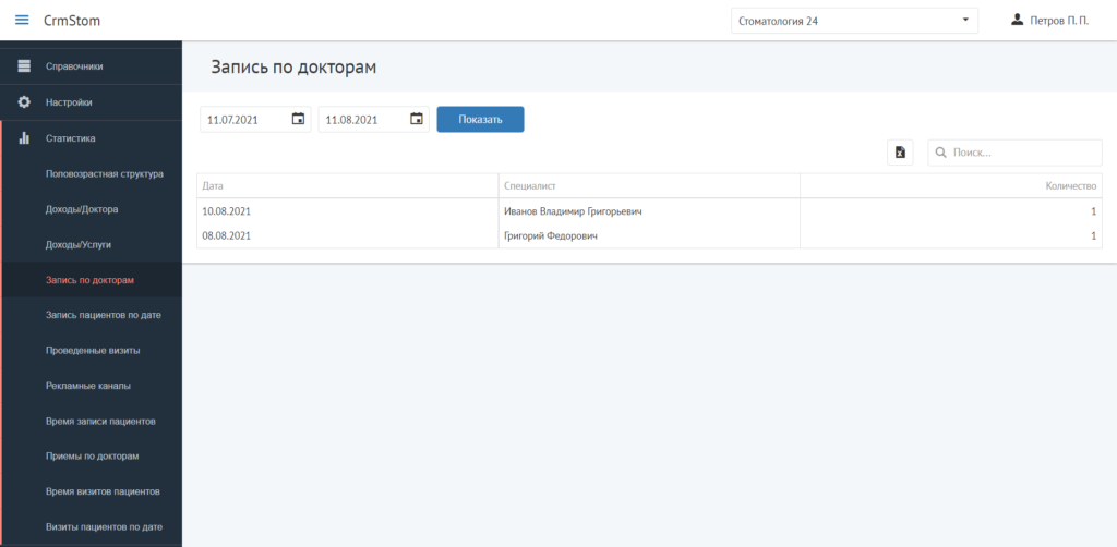 CrmStom - Программа для стоматологии - Статистика - Запись по докторам